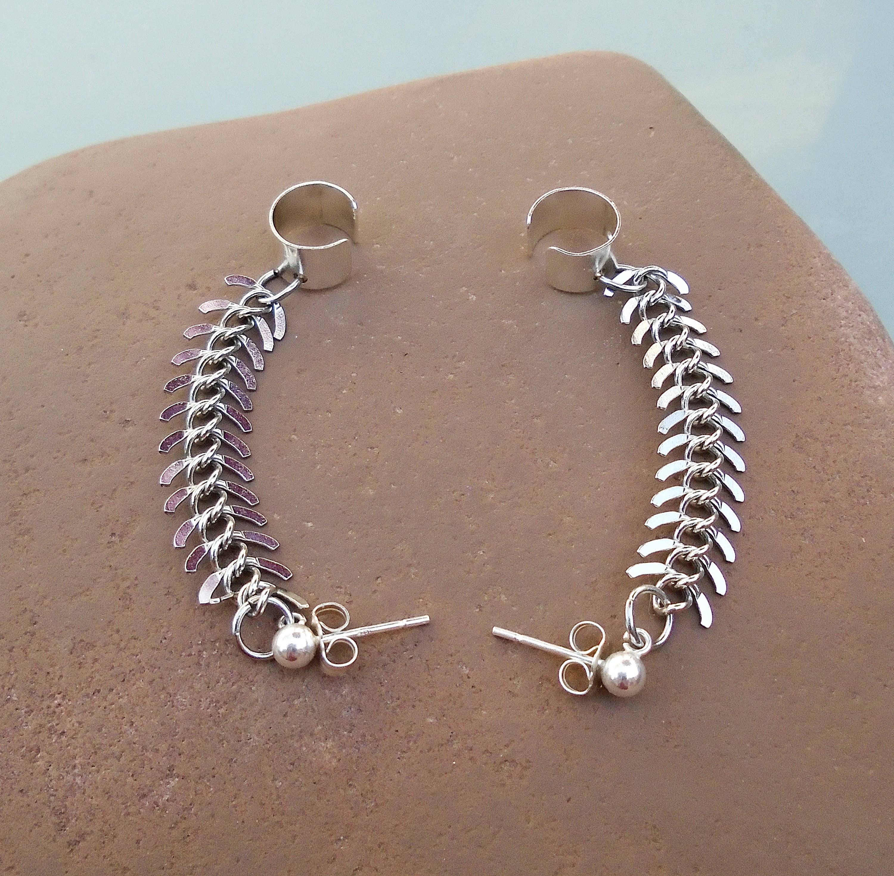 Silver Fishbone Chain Ear Cuff: Sterling Ball Post Earring