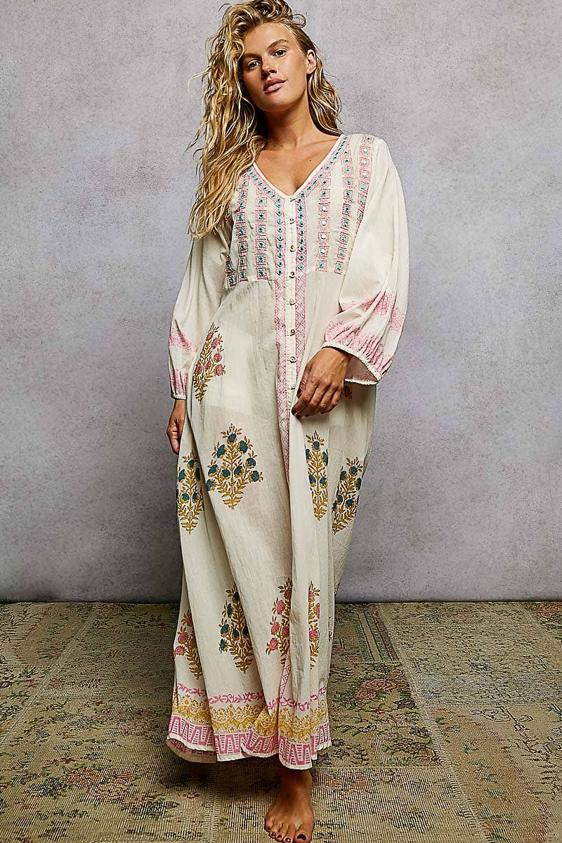 Embroidered Floral Print V-Neck Balloon Sleeve Maxi Dress