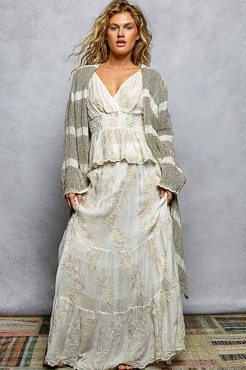 3/4 Sleeve Stripe Linen Open Cardigan