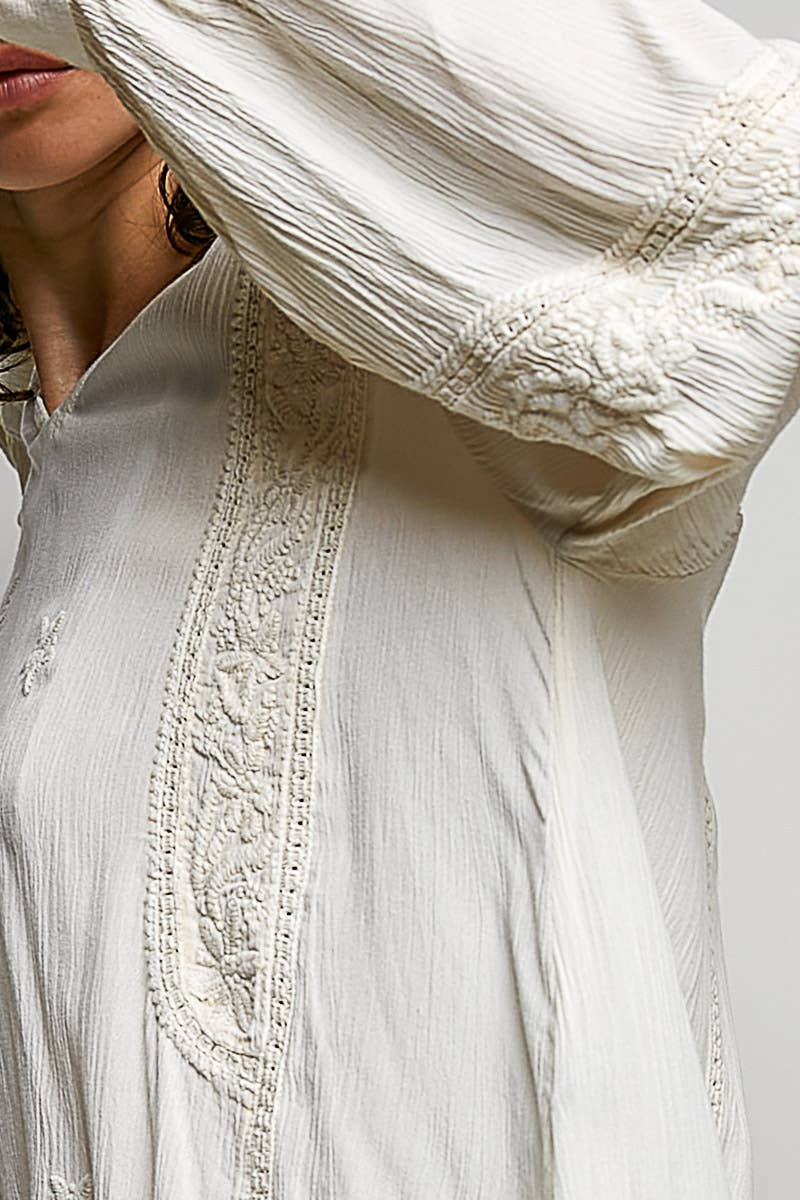 Vanessa V-neck Long Sleeve Floral Embroidered Cotton Woven Top