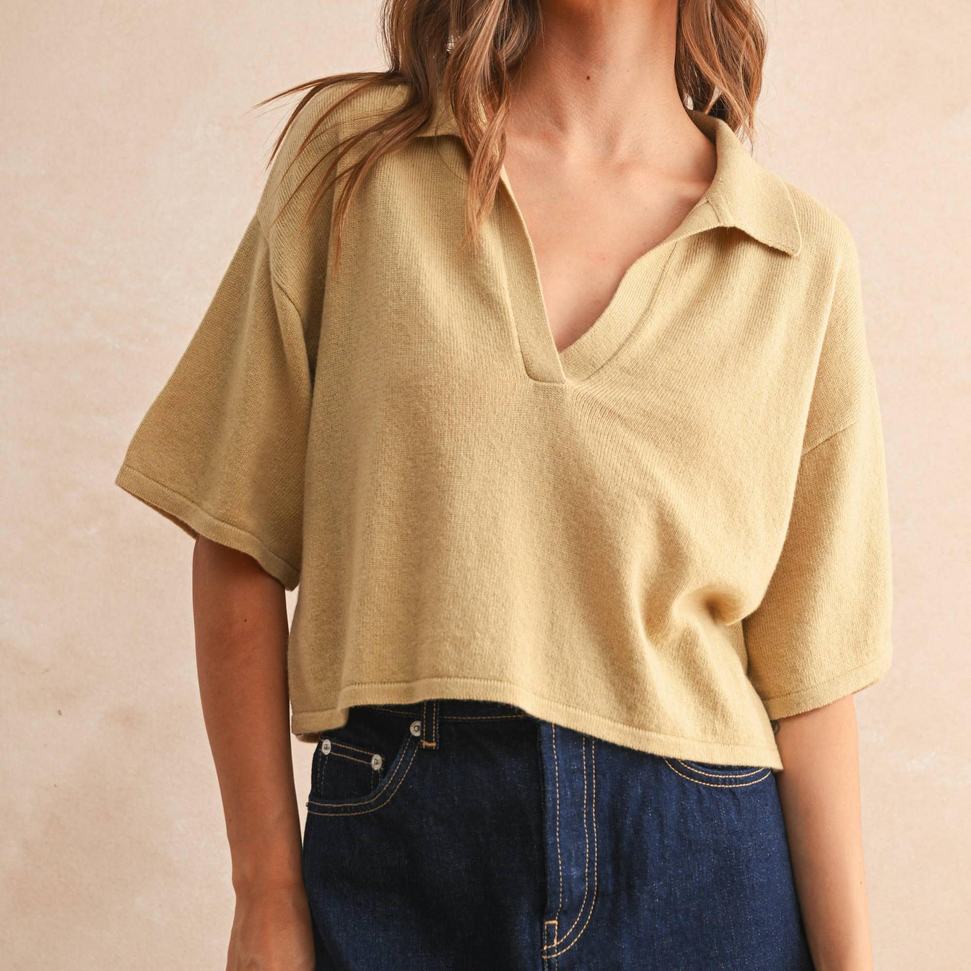 V-Neck Collared Cropped Knit Polo