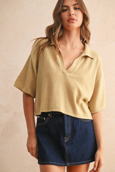 V-NECK COLLARD SSLV CROP KNIT POLO SHIRTS