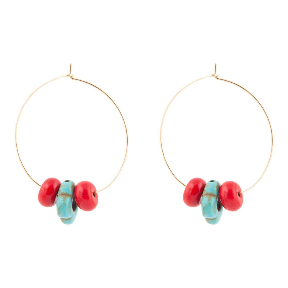 Guadalupe Blue Turquoise and Red Coral Golden Hoop Earrings