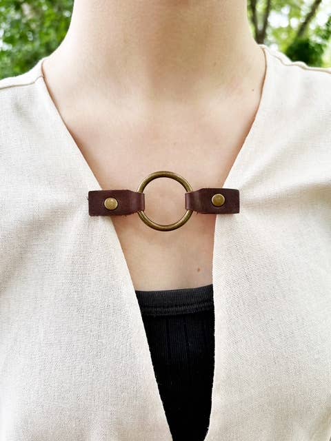 Cinch Clip for Clothes Bronze w/ Studded Brown Leather Clasp