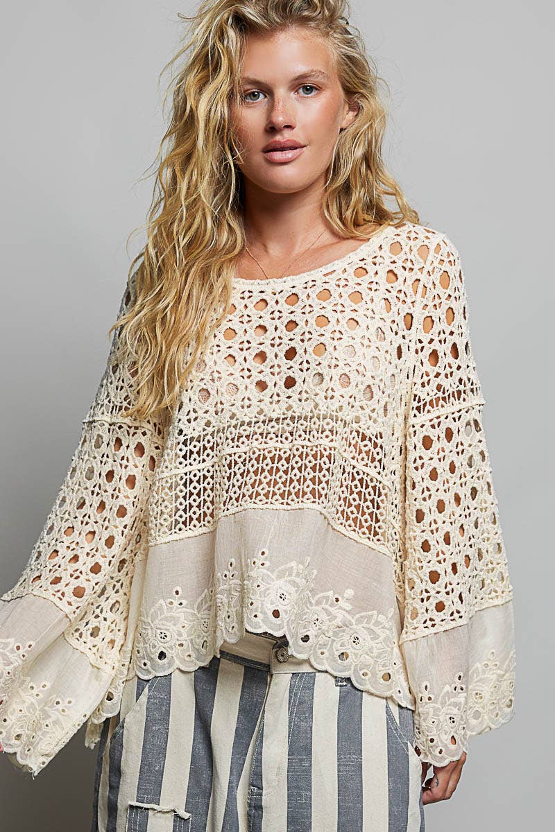 Long Sleeve Round Neck Women Crochet Top