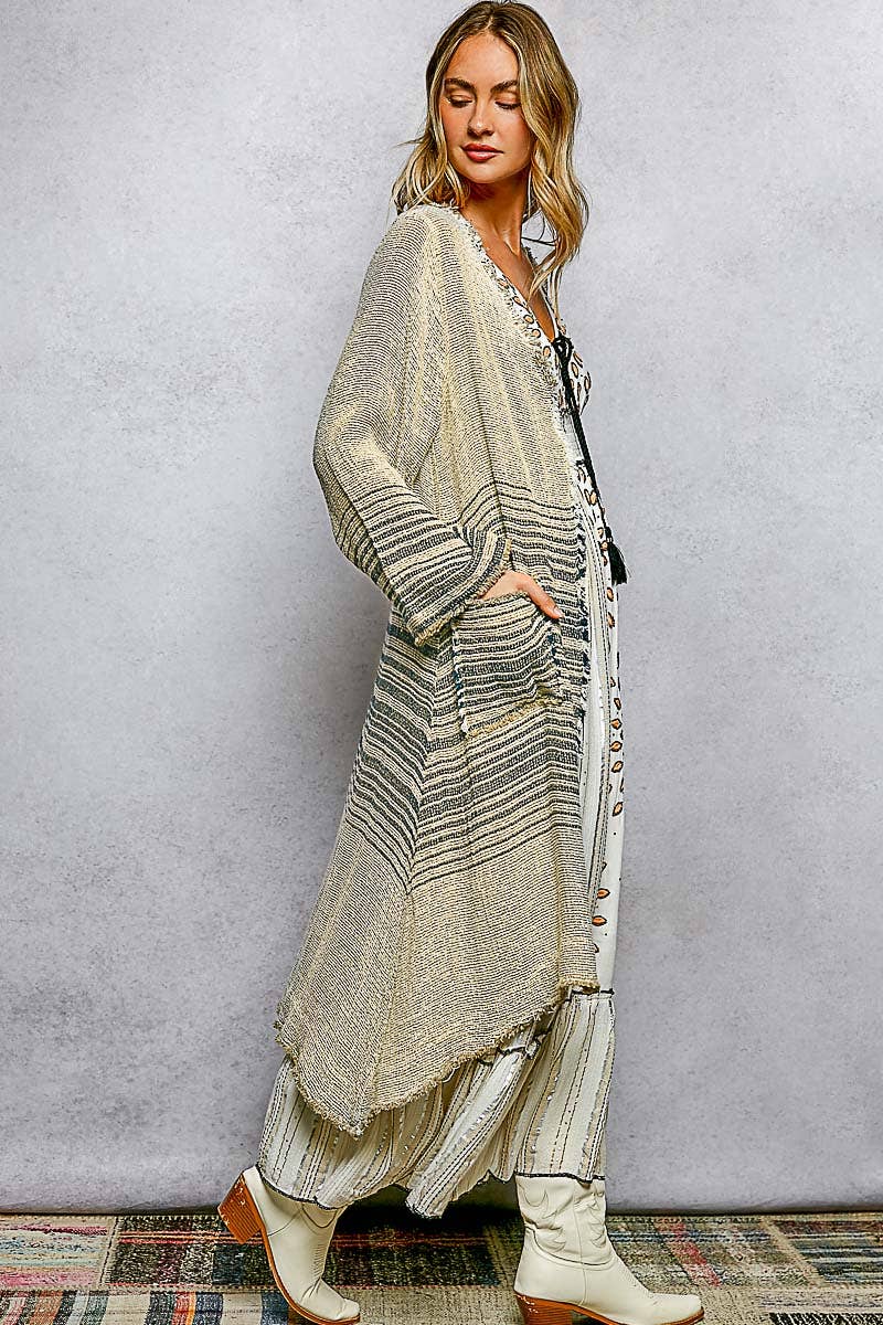V-Neck Solid Stripe Linen Long Sleeve Cardigan