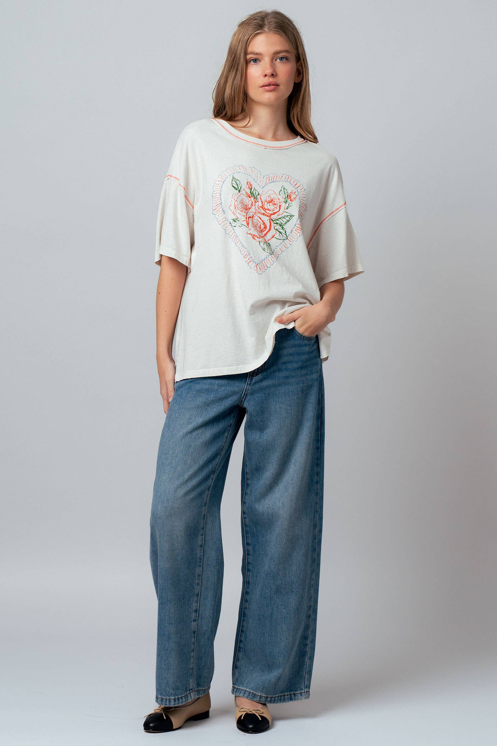 Vintage Rose Heart Floral Oversized Graphic Tee