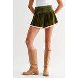 VELVET HIGH-WAIST LACE TRIM SHORTS