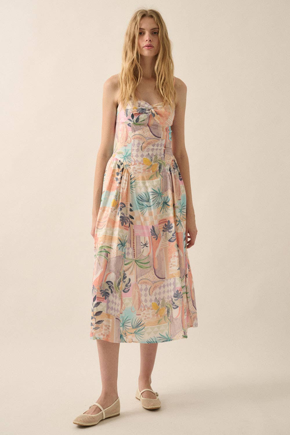 Tropical Motif-Print Twist-Front Cami Midi Dress
