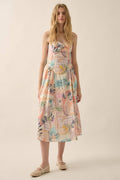 Tropical Motif-Print Twist-Front Cami Midi Dress