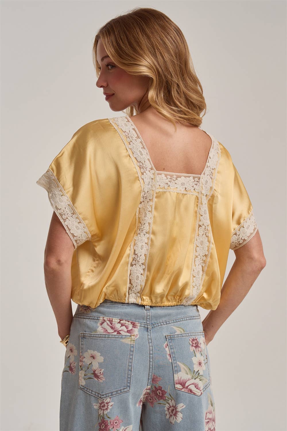 LACE TRIM SQUARE NECK SATIN BLOUSE TOP