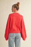 Mock Neck Balloon Sleeve Embroidered Sweater