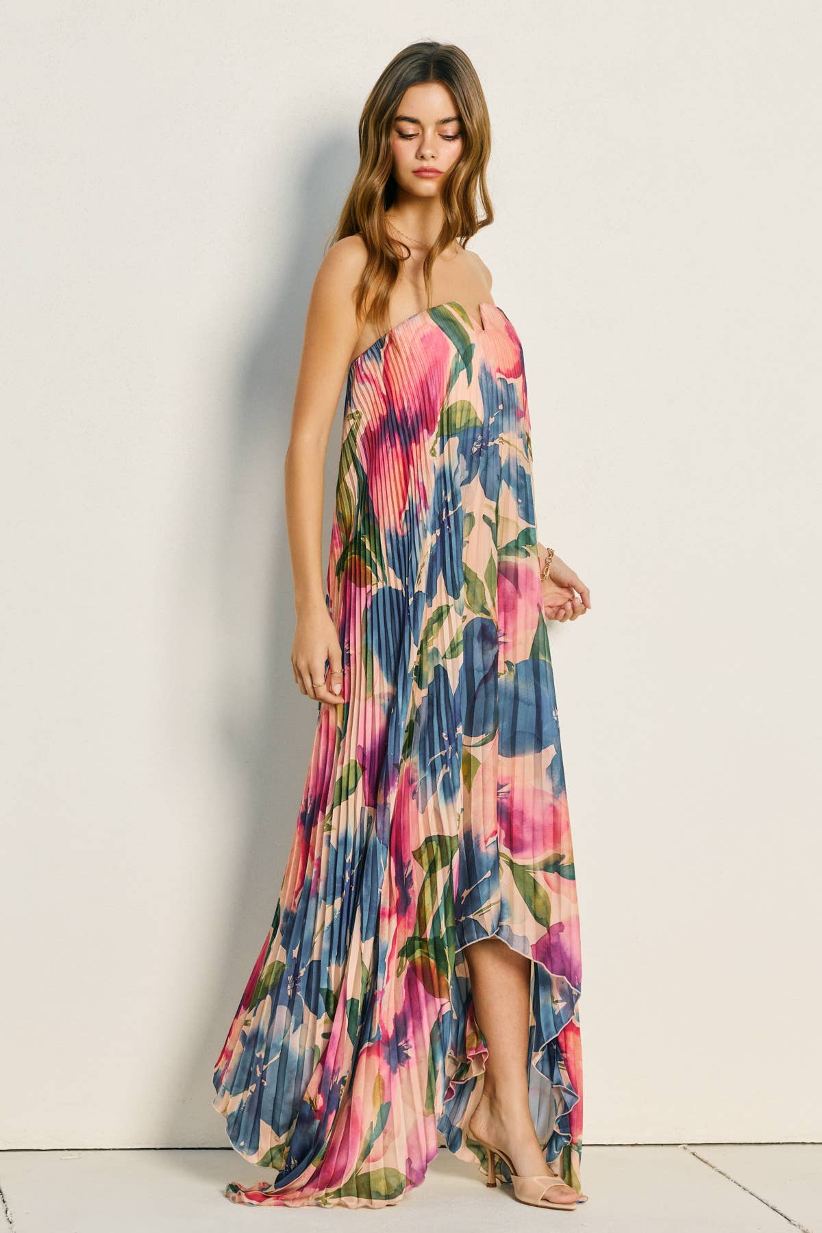 Floral Strapless Pleated Maxi Column Dress