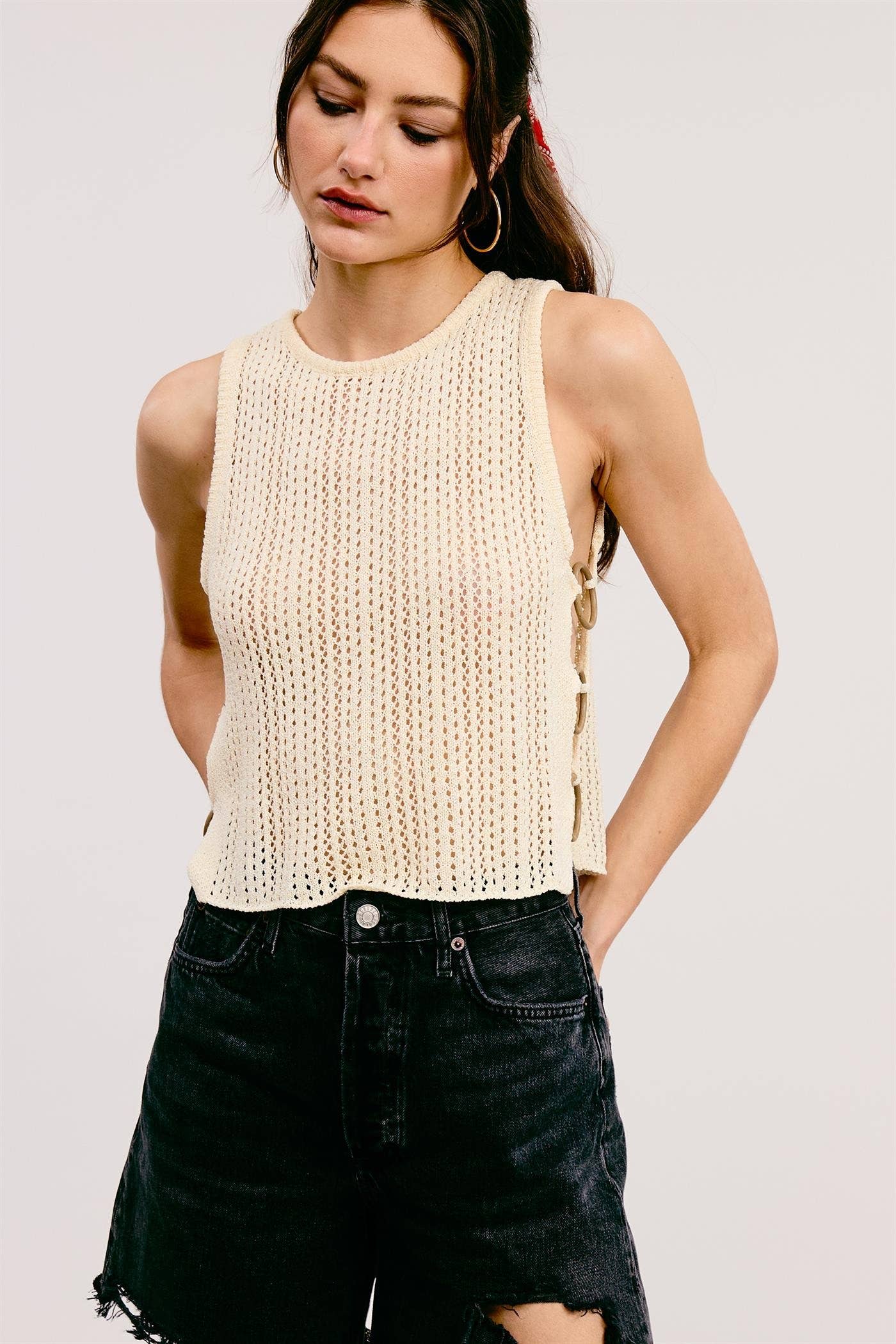 Crochet Knit Tank Top with Side O-Ring Detail