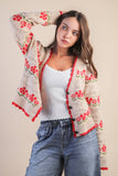 12W3524N-Floral Graphic Detail Knit Sweater Cardigan