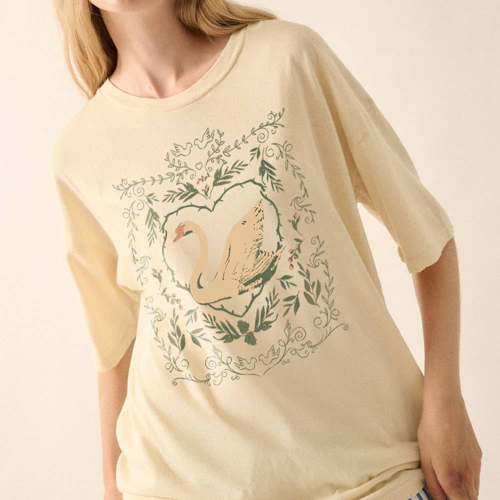 Ornate Swan Vintage-Wash Oversize Graphic Tee