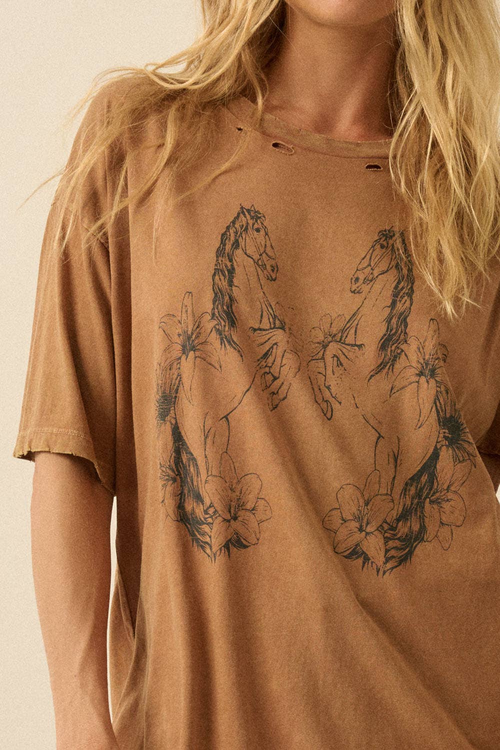 Horses and Flowers Distressed Oversize Graphic Tee