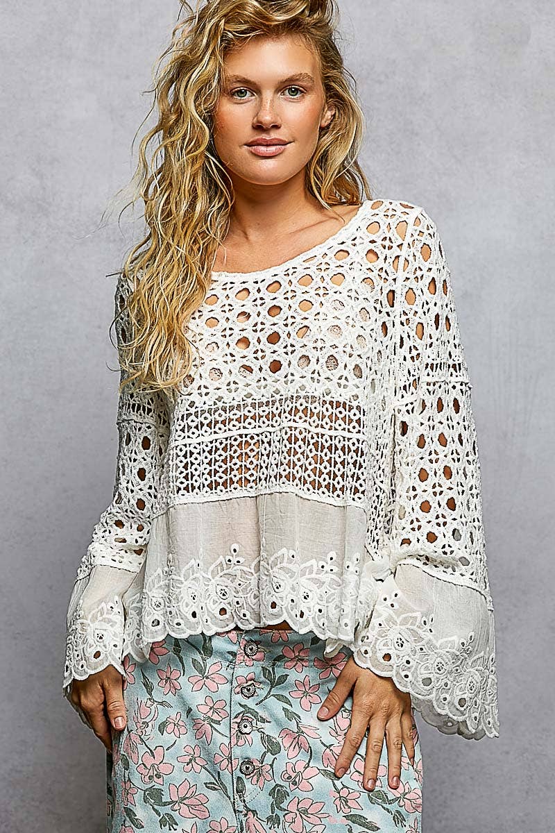 Long Sleeve Round Neck Women Crochet Top