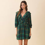 Plaid Deep V Neck Ruffle Trim Detail Wrap Dress