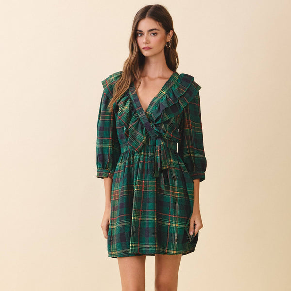 Plaid Deep V Neck Ruffle Trim Detail Wrap Dress