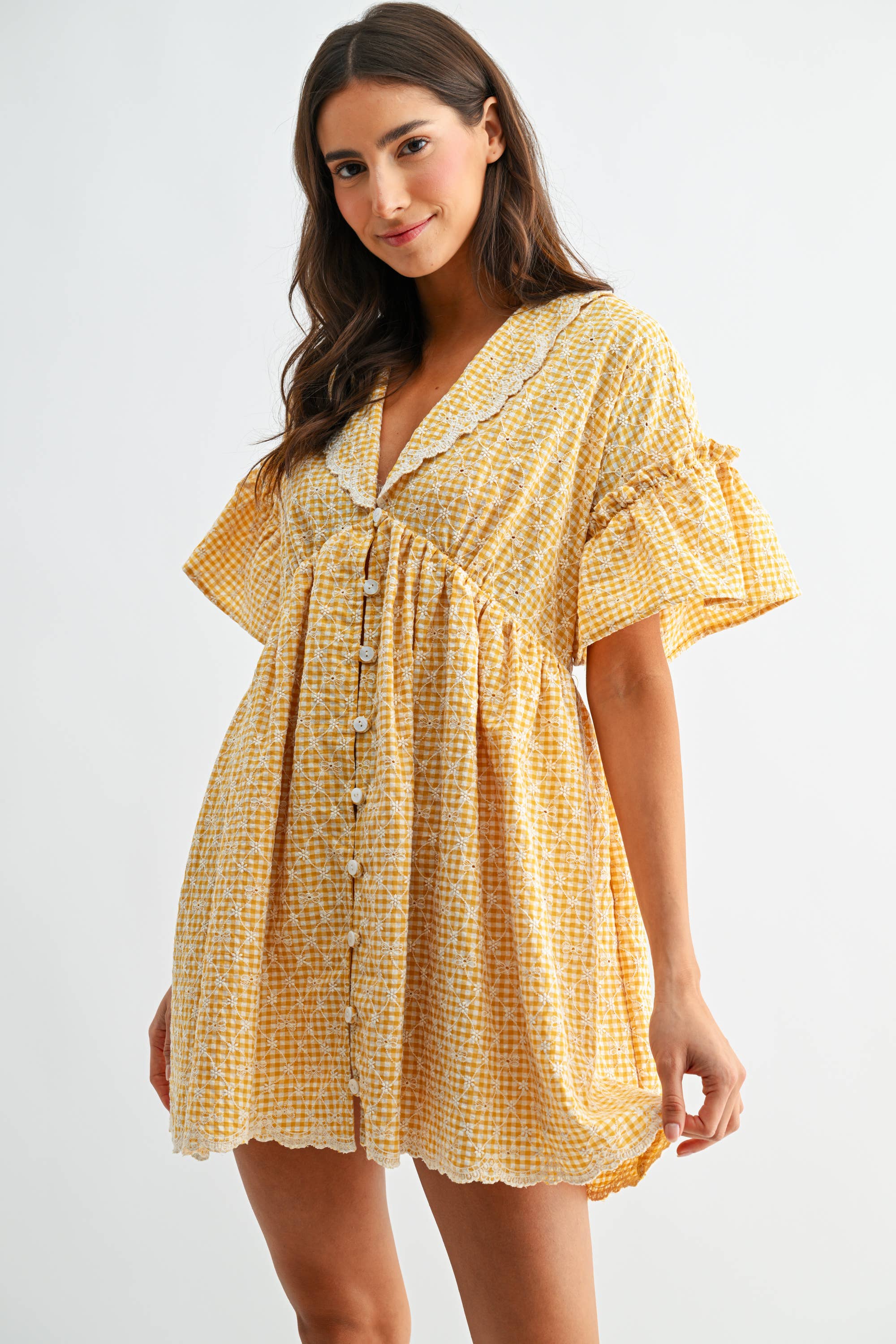 Sunny Days Gingham Lace-Trim Babydoll Dress
