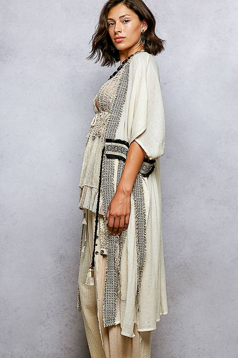 Short Sleeve Trim String Cotton Women Cardigan Top