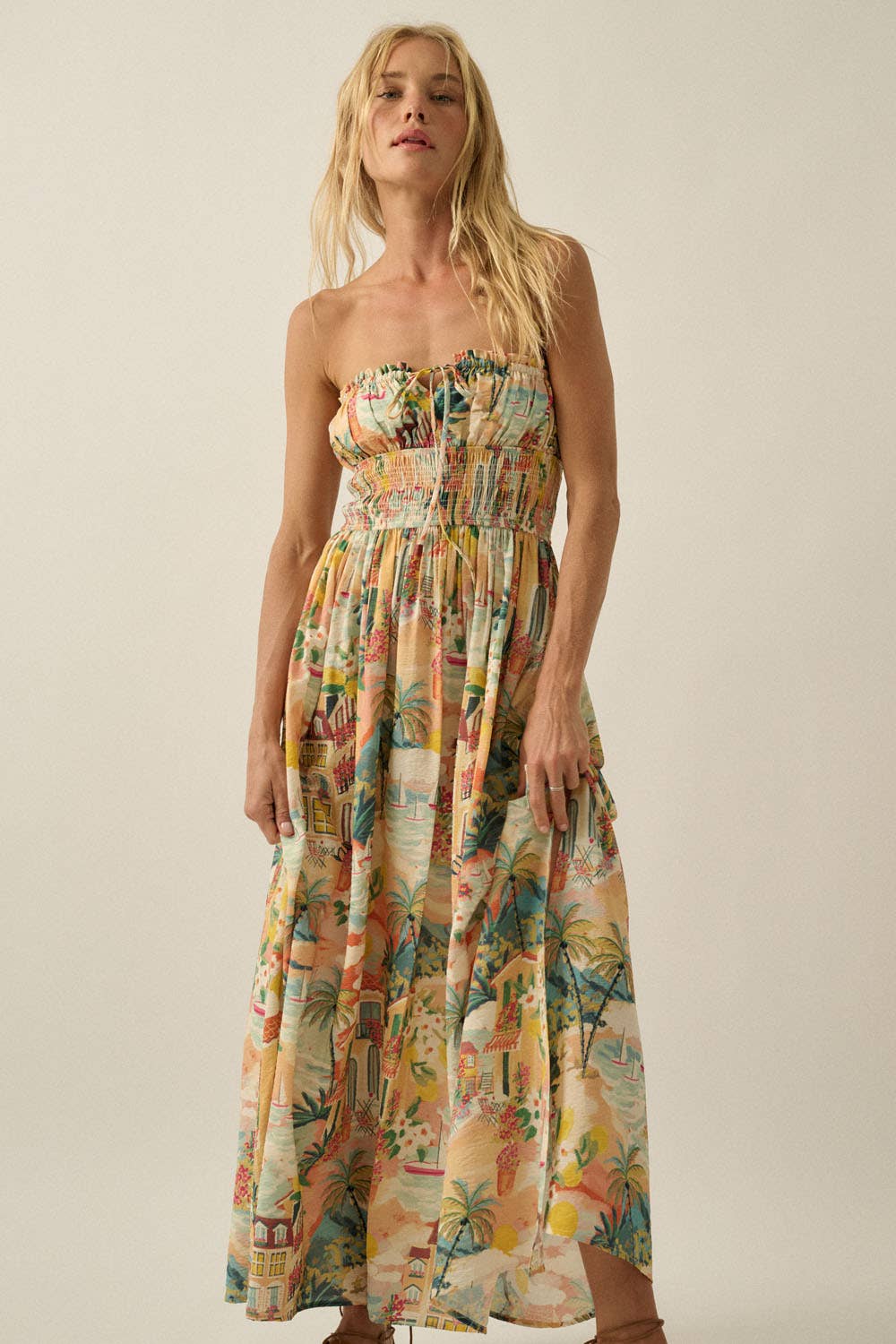 Tropical Landscape-Print Strapless Gathered Maxi Dress