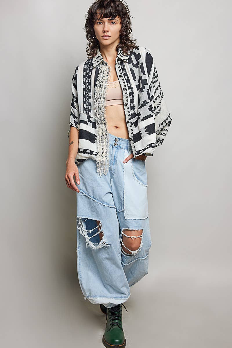 Raw Edge Paneled Oversized Button-Down Shirt