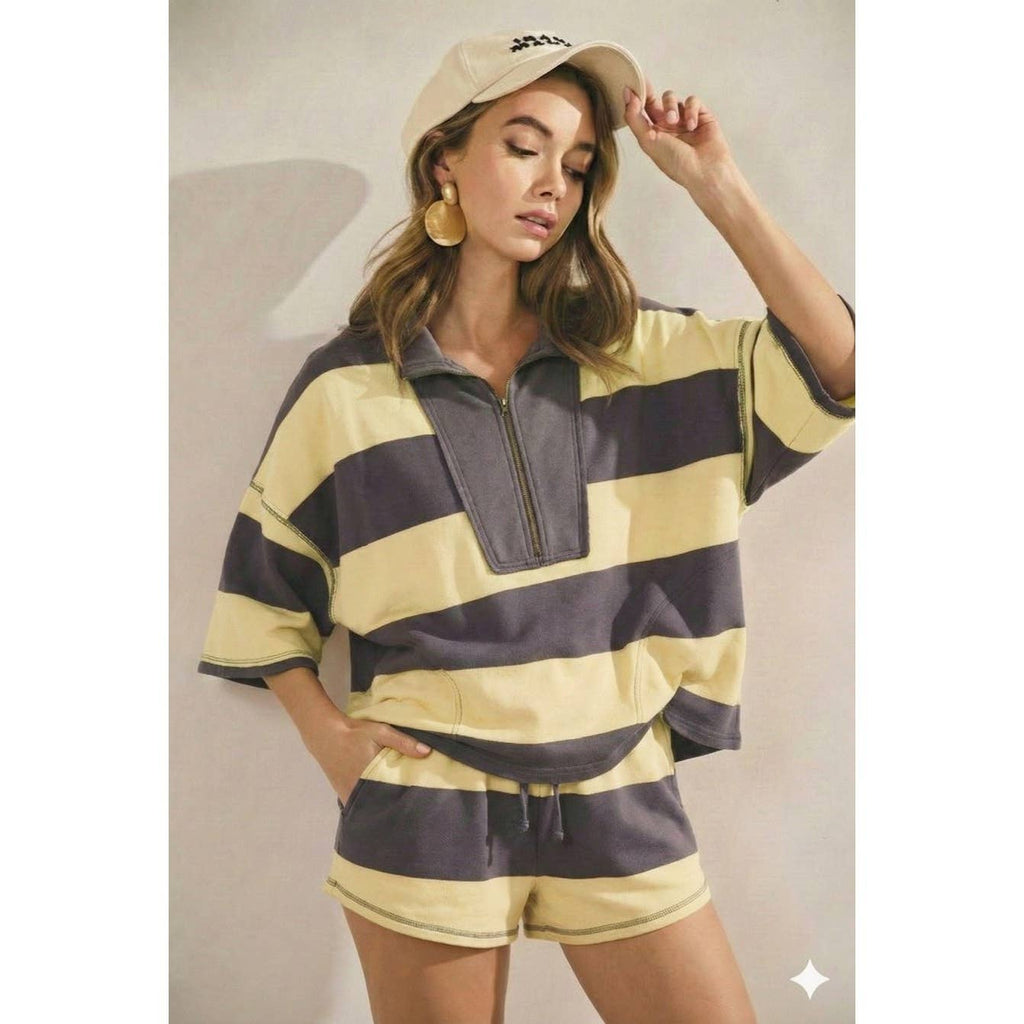 Vintage Striped Top With Front Zip Shorts Set