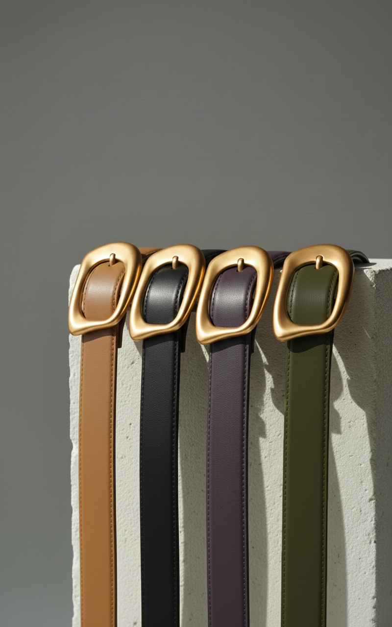 Stitched Clean Leather Belt with Asymmetrical Buckle