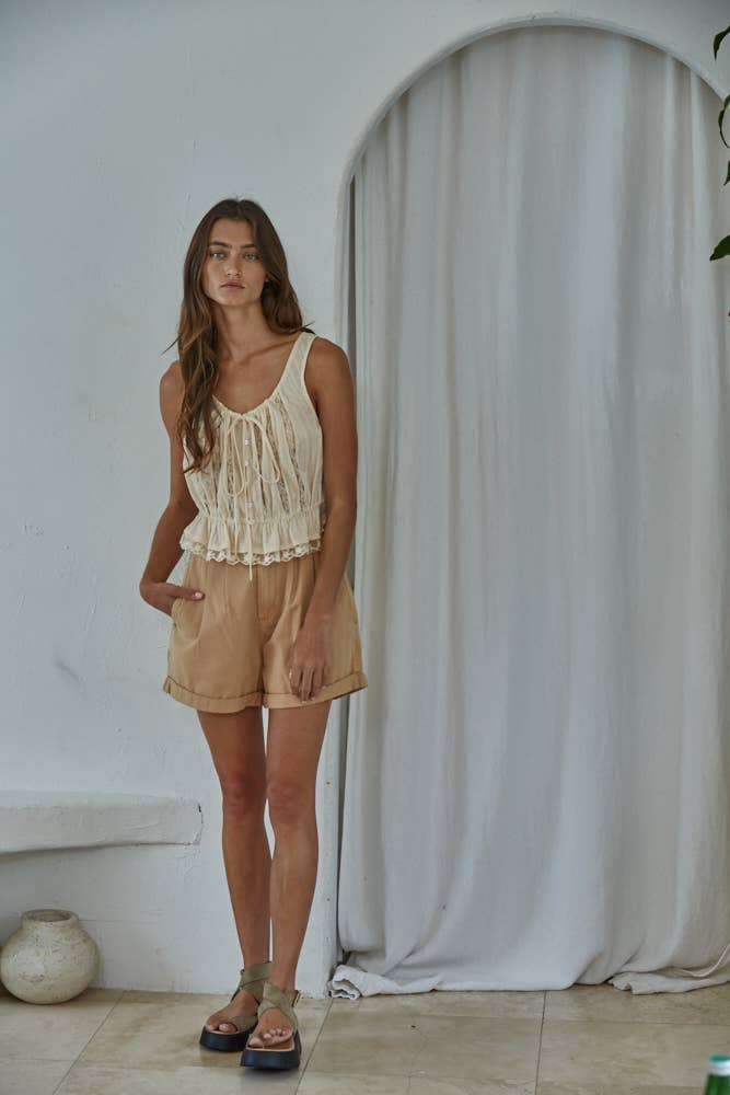 Woven Cotton Sleeveless Lace Trim Button Up Top