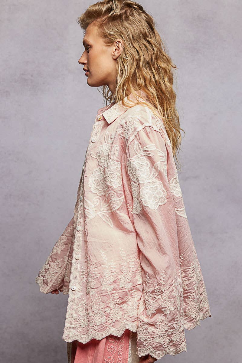 Long Sleeve Embroidered Scalloped Edge Shirt Top