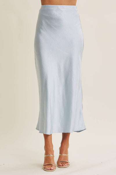 THICK SILKY SATIN BIAS CUT MAXI SKIRT: CLOUD BLUE
