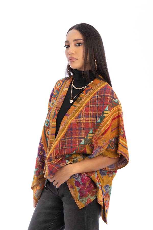 Thalia Floral Geometric Short Open Poncho