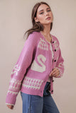 12W3463N-Oversized Graphic Casual Knit Sweater Cardigan