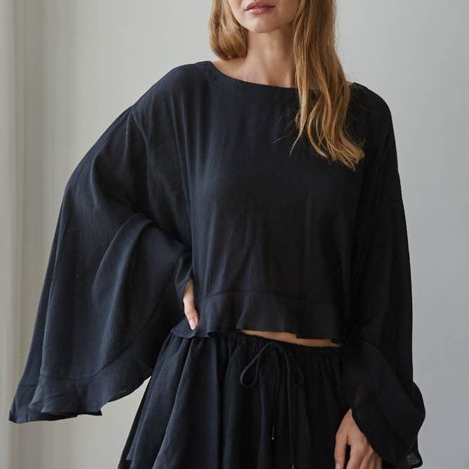 Woven Rayon Nylon Round Neck Long Sleeve Top