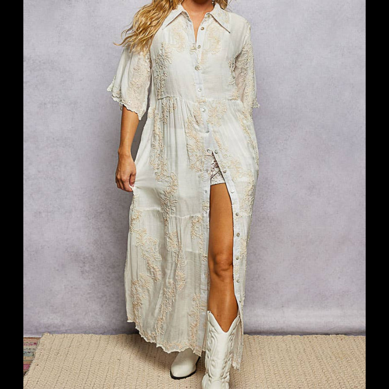 Bridget Embroidered Shirred Ruffle Button-Down Shirt Dress