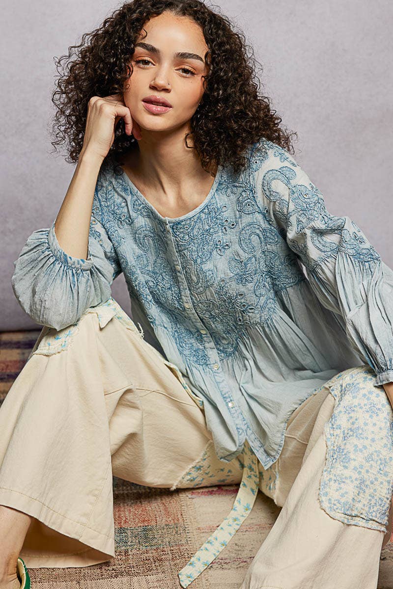 3/4 Sleeve Round Neck Vintage Washing Embroidered Shirt Top