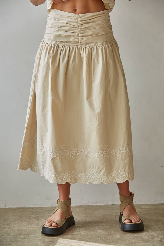 Woven Cotton Floral Embroidered Midi Skirt