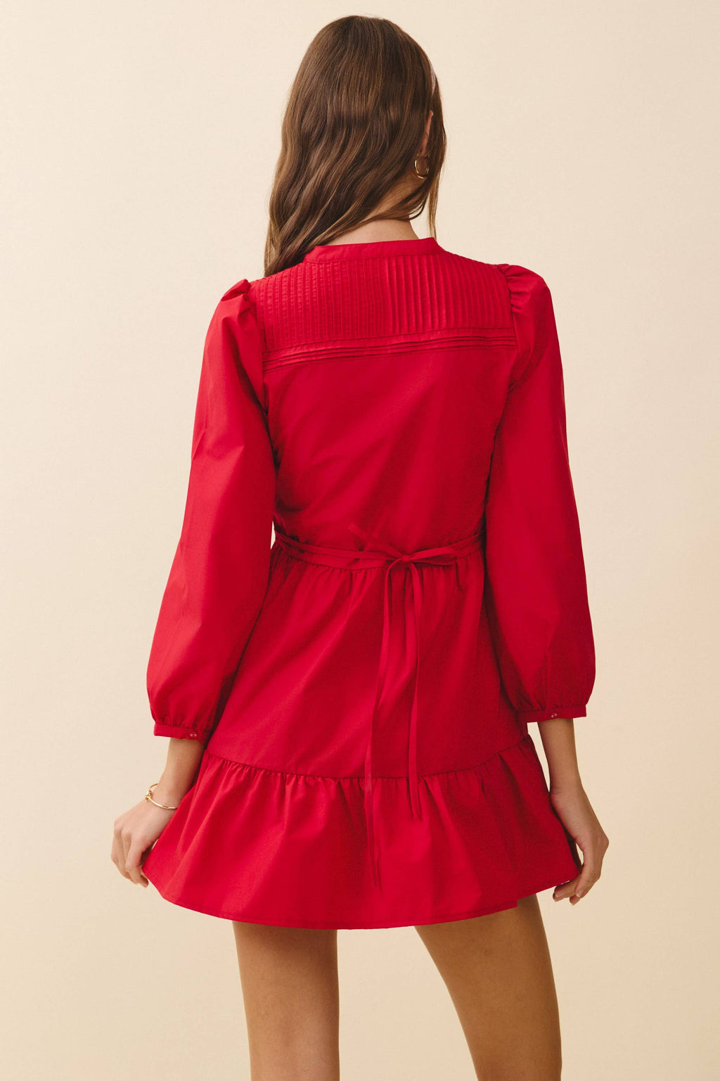 Pintuck Yoke Detail Button Mini Dress