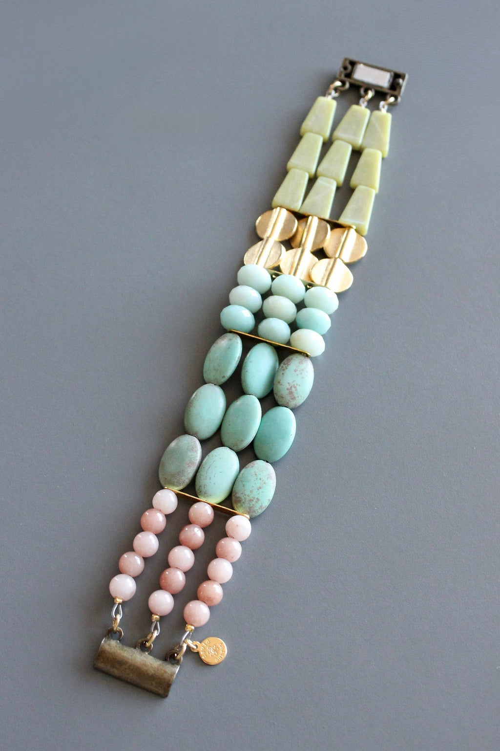 Blush pink, turquoise, and yellow jade bracelet