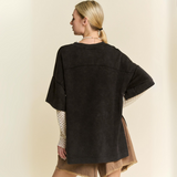 Washed Crew Neck Dropped Dolman Sleeves Top- black