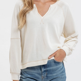 Split Neck Long Extended Sleeve Raglan Knit Top