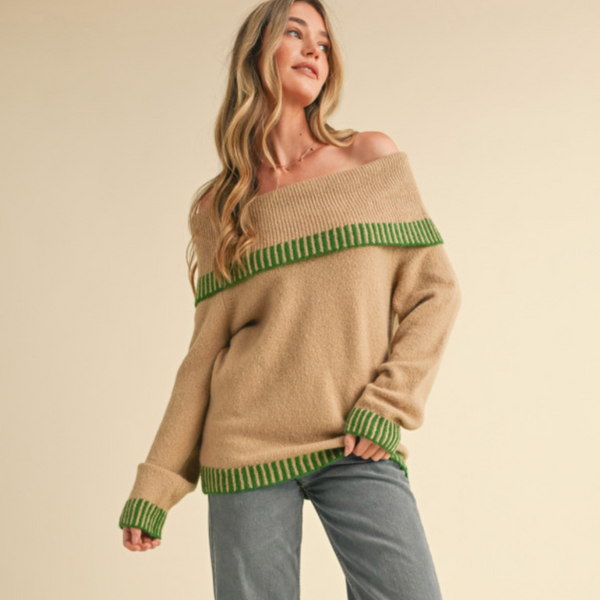 Green and Khaki Off Shoulder Sweater