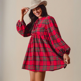 Checkered Plaid Front Tie Round Neck Mini Dress