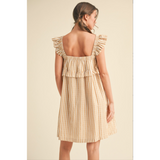 Back view showcasing flowy A-line silhouette of En Merci MDR3584 caramel striped dress.