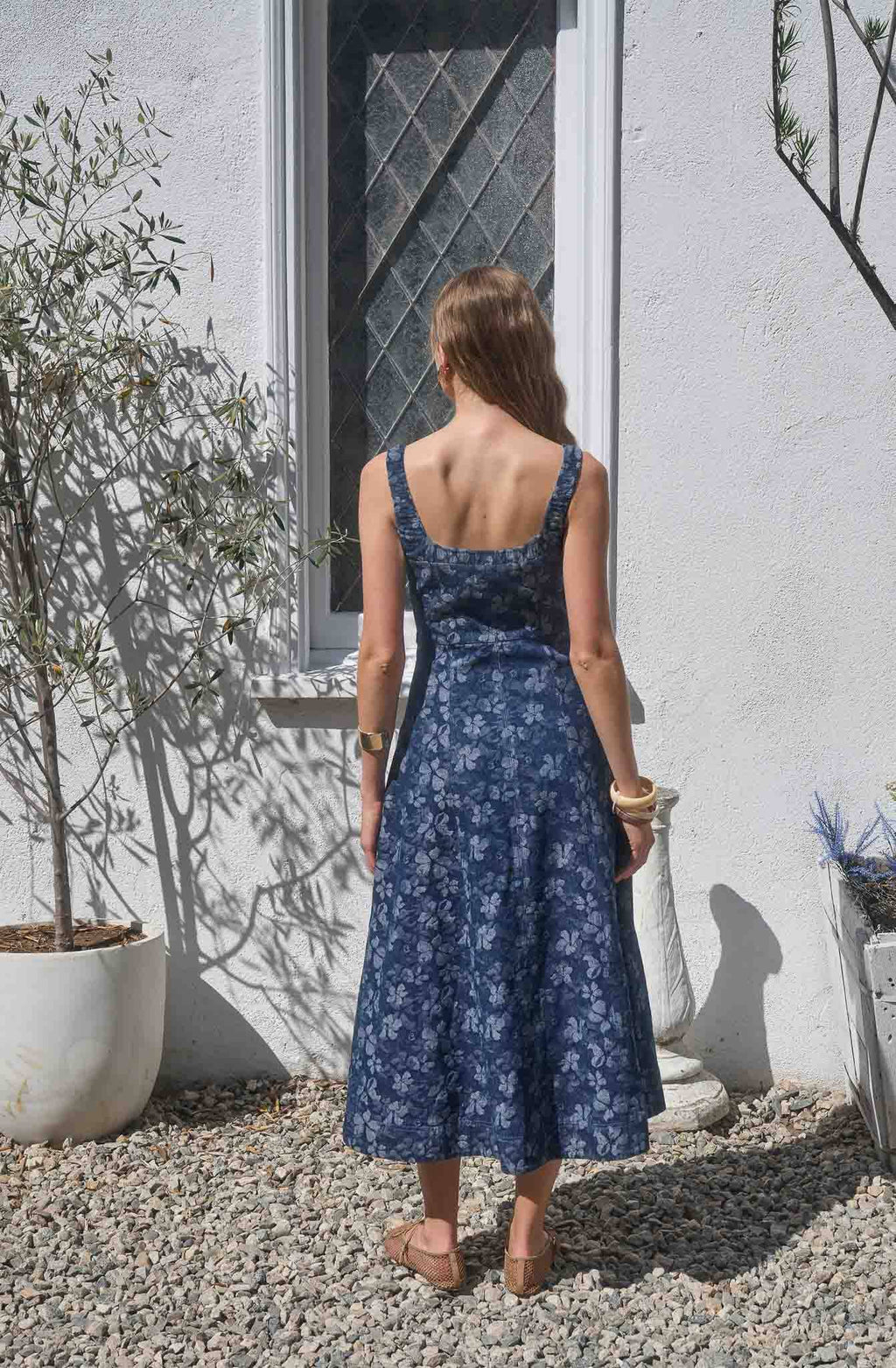 DENIM JACQUARD FLORAL DETAIL MIDI DRESS