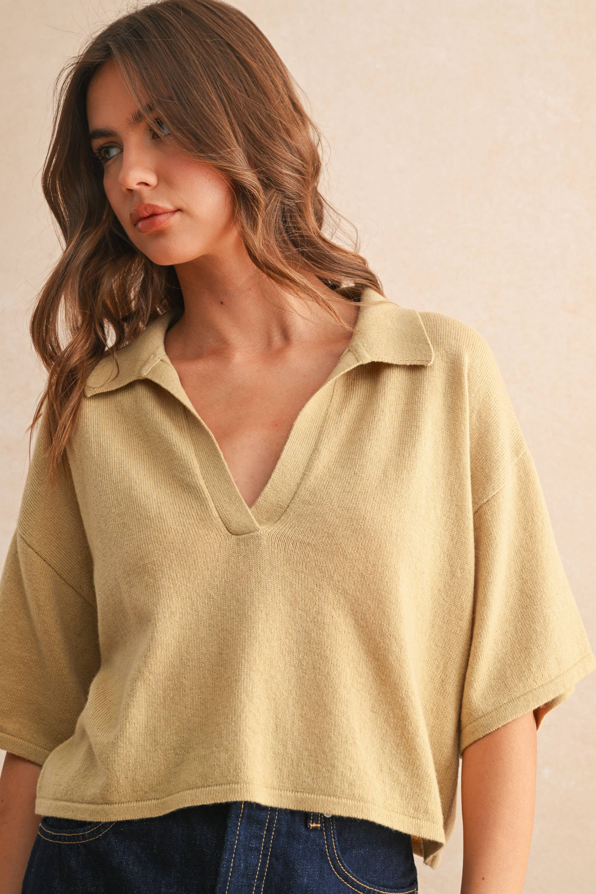 V-Neck Collared Cropped Knit Polo