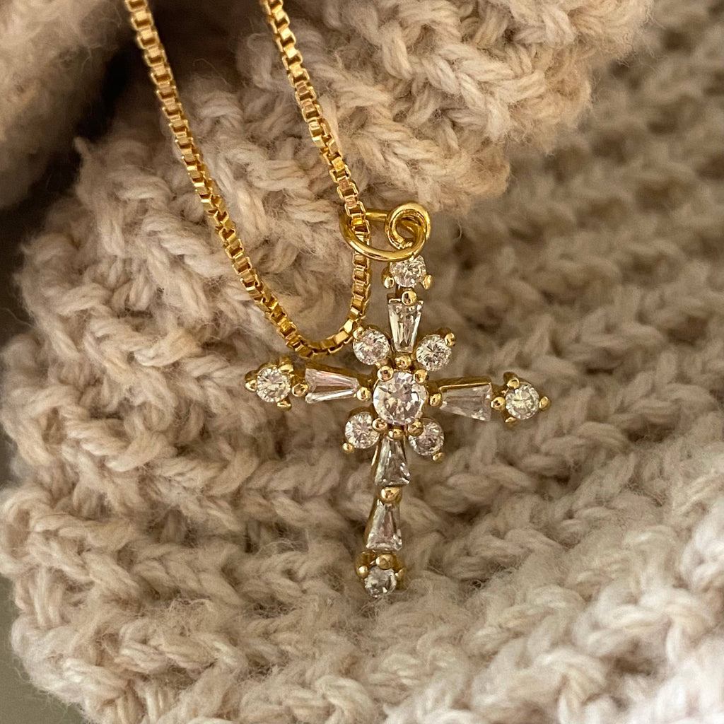 Cross Charm Pendant Glass Gold Plated 18k Gold Filled Chain
