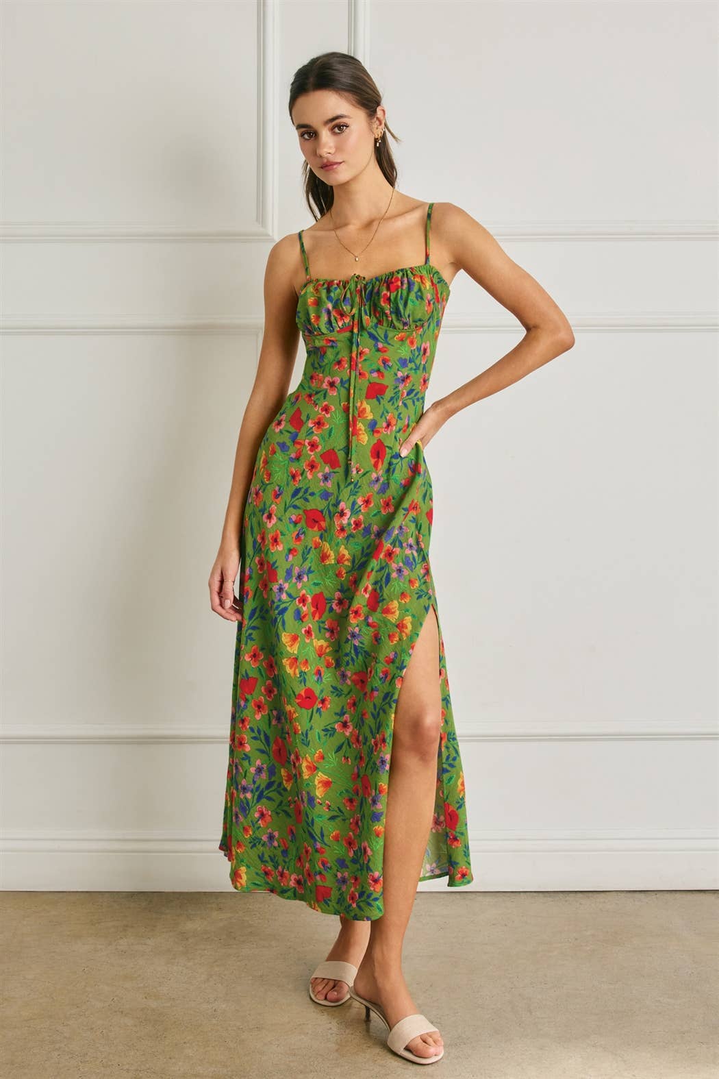 Floral Ruched Bust Slit Dress